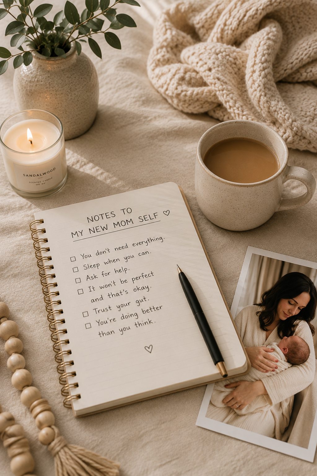 A notebook headed Notes to My New Mom Self resting on a linen bed beside a coffee mug, lit candle, chunky knit blanket and a printed photo of a mother holding her newborn