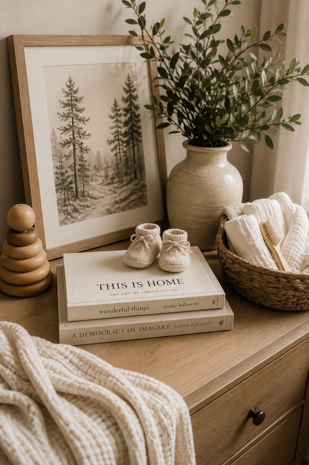 Knit baby booties resting on a stack of books atop an oak nursery dresser, with a framed pine forest print, a basket of folded muslin swaddles and a ceramic vase of greenery