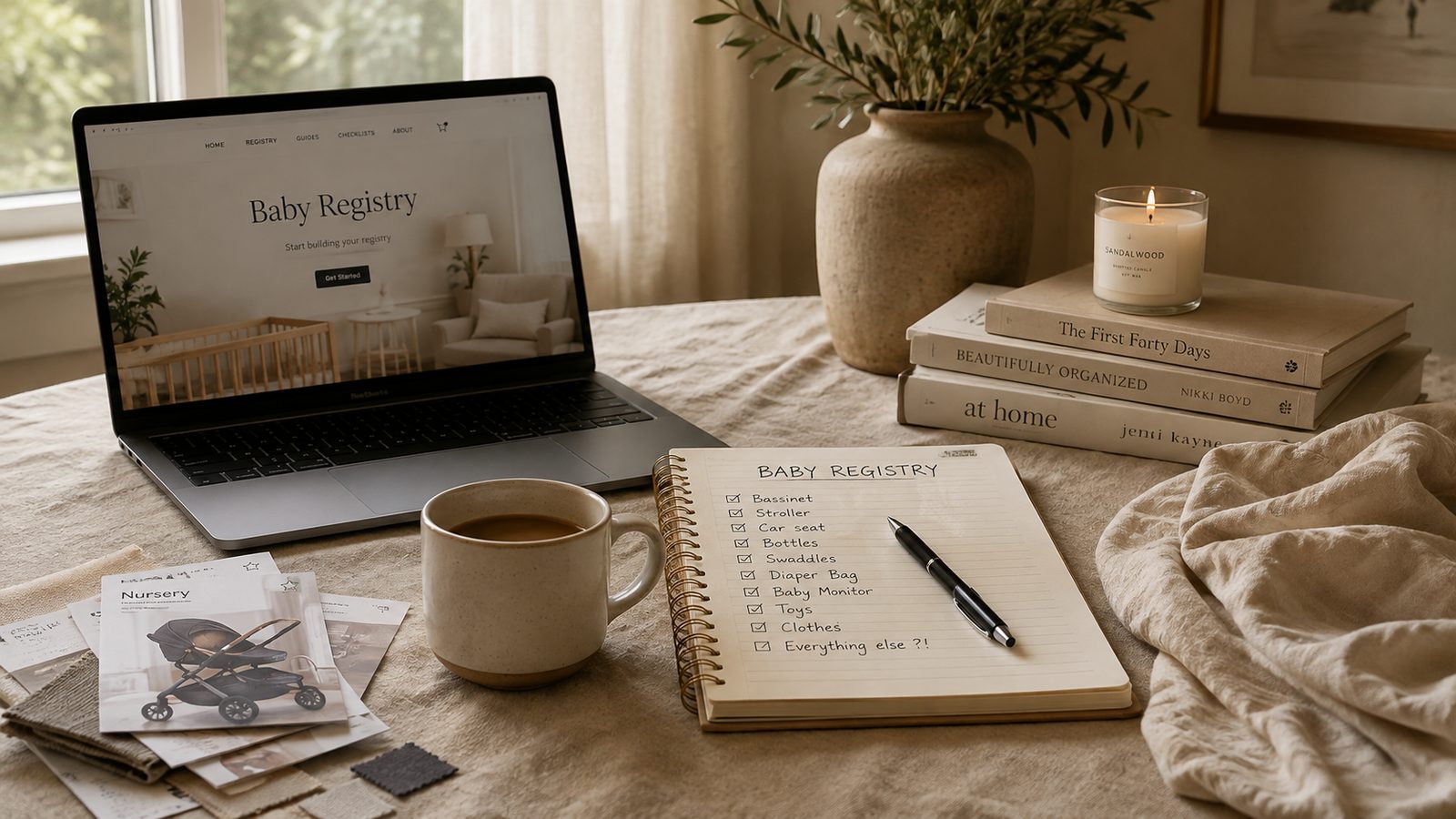 A laptop open to a baby registry page on a linen-covered table beside a checked-off registry notebook, coffee mug, candle and stroller brochures in warm morning light