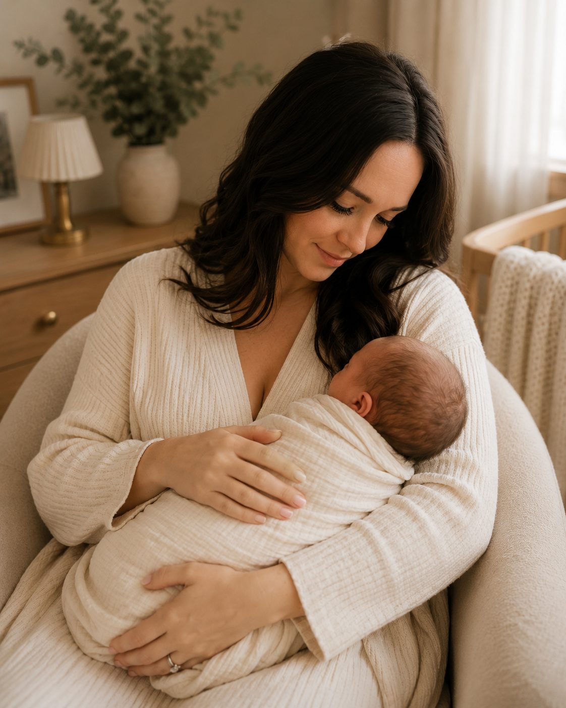 A new mother in a cream ribbed robe holding her swaddled newborn in a nursery chair beside a wooden dresser, brass lamp and eucalyptus, lit by soft window light