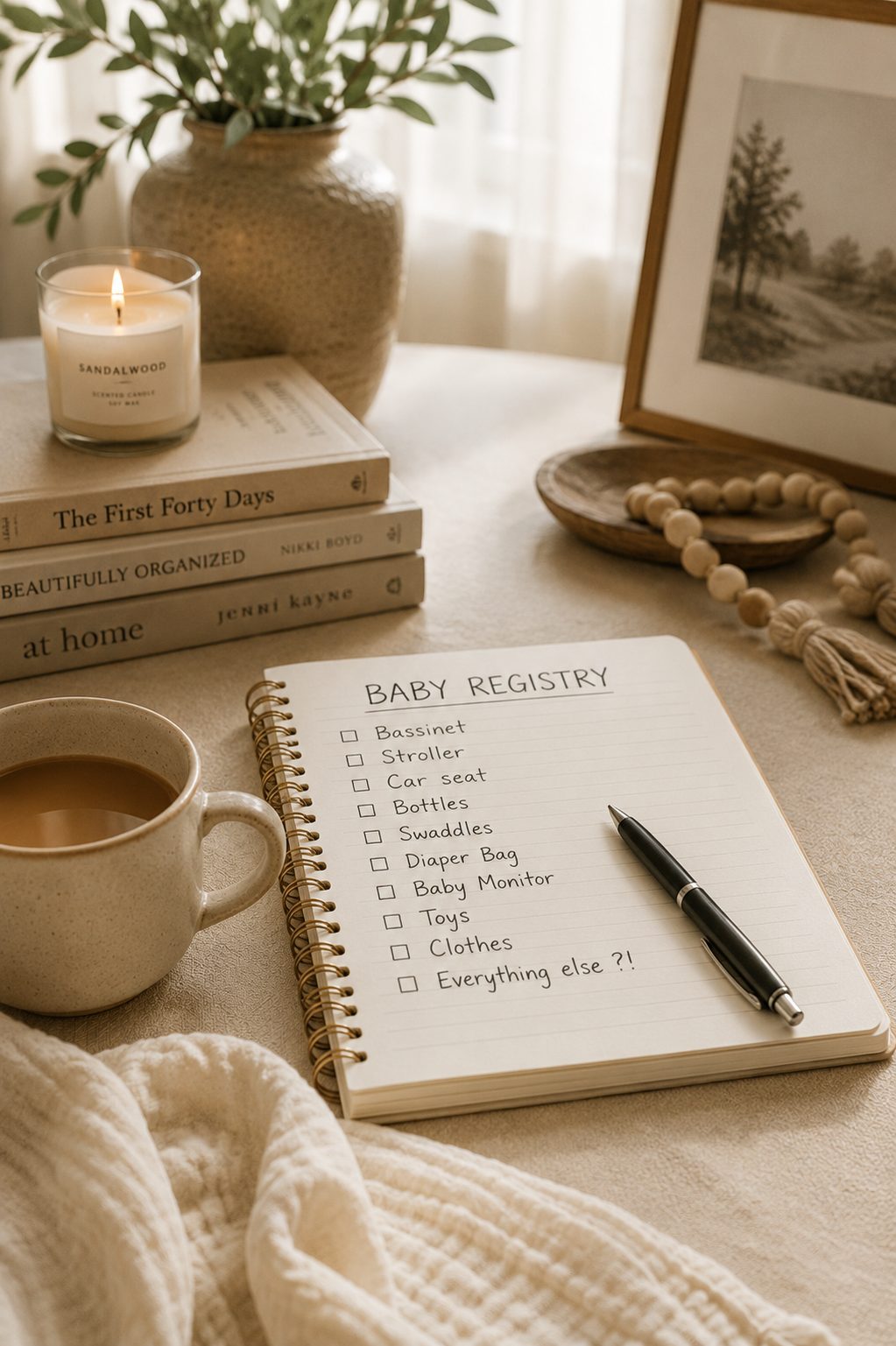 A handwritten baby registry checklist in a spiral notebook beside a speckled mug of coffee, a lit sandalwood candle and a stack of parenting books in soft natural light