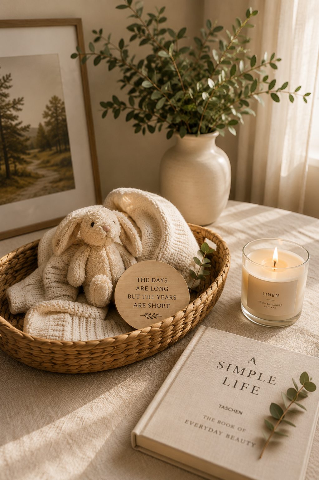 A woven tray of folded ivory knit baby blankets and a plush bunny beside a linen candle and a keepsake wooden disc reading the days are long but the years are short