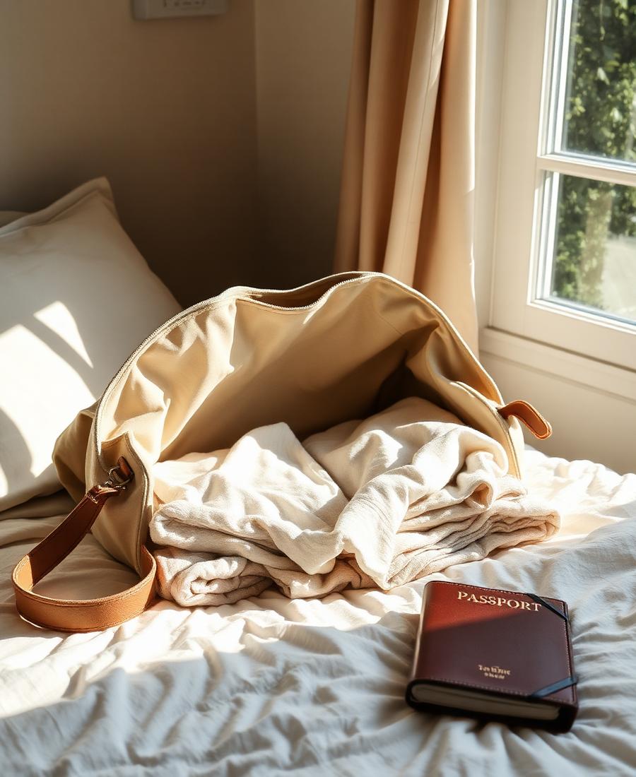 An open weekender bag and folded linens on a bed in morning light