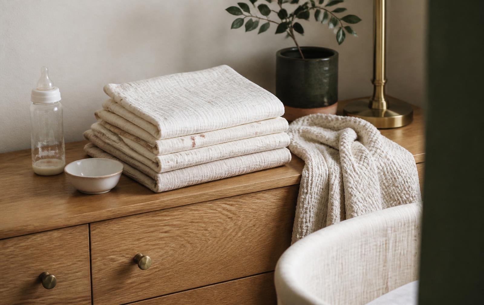 A lived-in nursery corner in natural light: folded ivory muslin swaddles, a baby bottle and small ceramic dish on an oak dresser, with a knit blanket draped over the edge of a bassinet