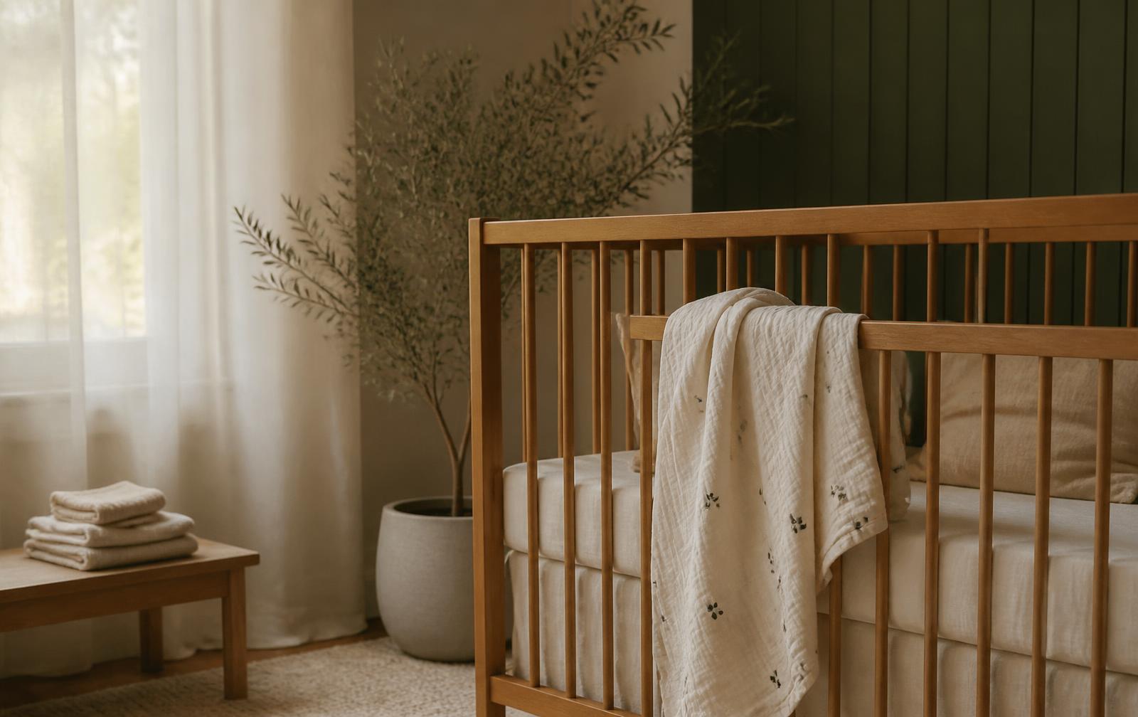 A simple wooden crib with warm ivory linens and a folded muslin swaddle in soft morning light