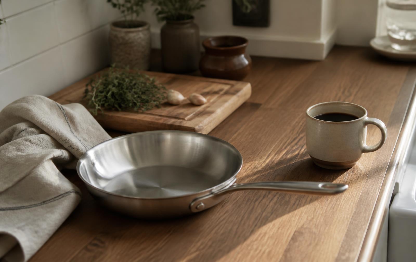 A stainless steel skillet resting on a wooden counter in morning light