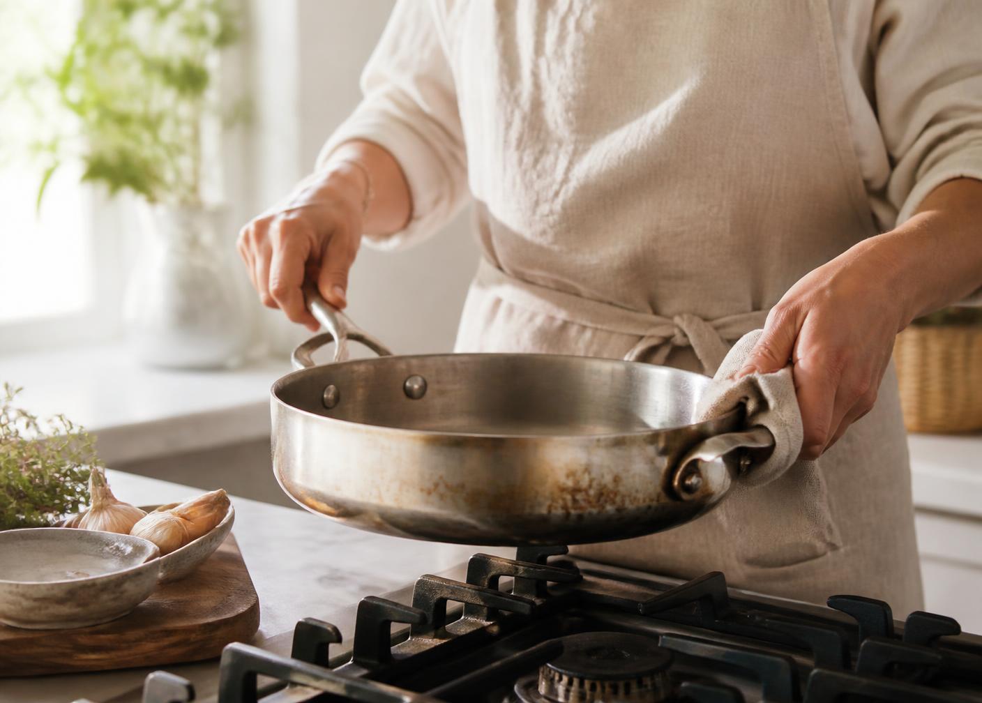 Tri-Ply Stainless Skillet, 10" in use