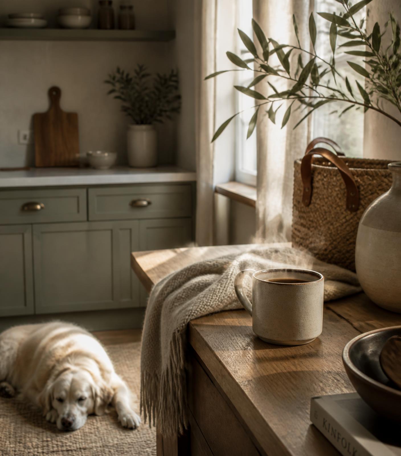 Morning coffee on a wooden counter in a sunlit, tidy home with a dog resting nearby